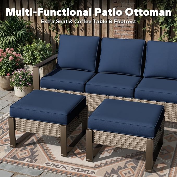 Joyside Outdoor Patio Chairs, 8 Pieces Wicker Rattan Furniture Set, 4 Patio Chairs, 1 Sofa, 2 Ottoman and 1 Table, Metal Wide Armrest, Thick Cushions and Deep Seating for Garden, Backyard, Porch
