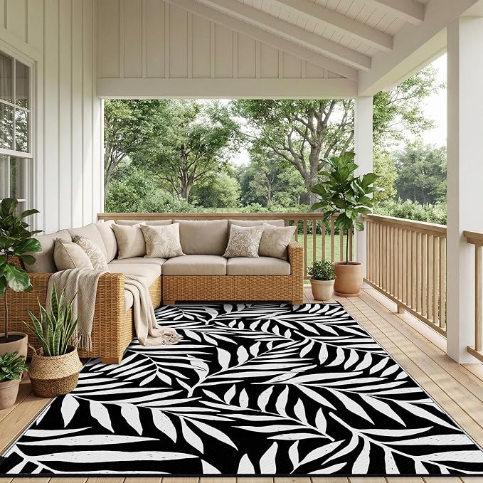 Smiry Outdoor Rug 8x10 ft Waterproof Reversible Leaf Mat, Black & White | Polypropylene Plastic Straw, Quick Drying, Lightweight Foldable, for Patio, Deck, RV Camping, Backyard and Indoor Outdoor Use