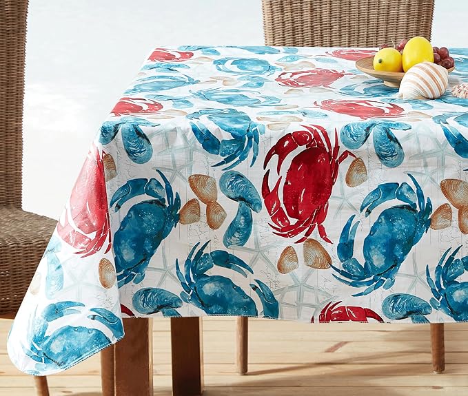 Newbridge Stone Crab Summer Vinyl Flannel Backed Tablecloth, 52 x 70 Inch Rectangle, Coastal Crab Print, Waterproof Indoor Outdoor Table Cover, Beach House Nautical Seafood Boil Patio Dining