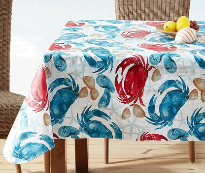 Newbridge Stone Crab Summer Vinyl Flannel Backed Tablecloth, 60 x 102 Inch Rectangle, Coastal Crab Print, Waterproof Indoor Outdoor Table Cover, Beach House Nautical Seafood Boil Patio Dining
