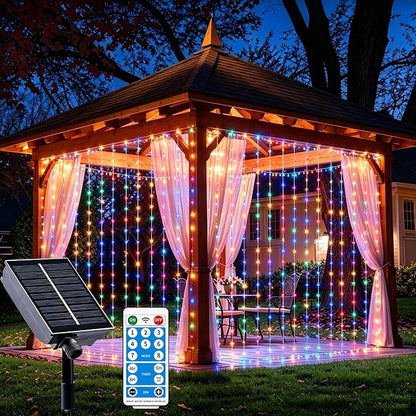 Solar Curtain Lights Outdoor Waterproof, 300LED 9.8x9.8FT Fairy String Lights with USB-C & Solar Charging, Remote Timer Twinkle Waterfall Lights for Patio Garden Wedding Decor (Colorful)