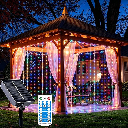 Solar Curtain Lights Outdoor Waterproof, 300LED 9.8x9.8FT Fairy String Lights with USB-C & Solar Charging, Remote Timer Twinkle Waterfall Lights for Patio Garden Wedding Decor (Colorful)