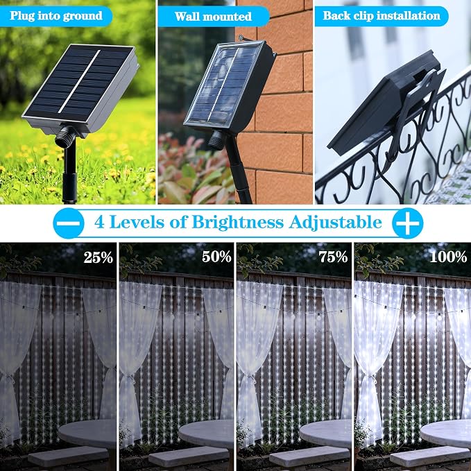 Solar Curtain Lights Outdoor Waterproof, 300LED 9.8x9.8FT Fairy String Lights with USB-C & Solar Charging, Remote Timer Twinkle Waterfall Lights for Patio Garden Wedding Decor (Cool White)