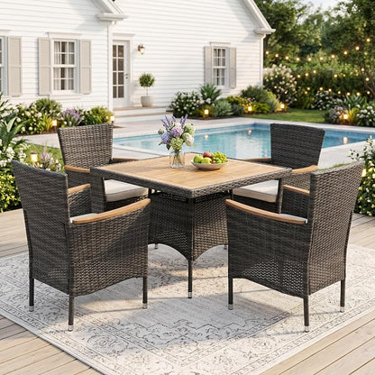Wisteria Lane 5-Pieces Patio Table and Chairs Set, Rattan Patio Table Set with Acacia Wood Tabletop, Patio Outdoor Dining Set for 4, Patio Furniture Set with Cushions for Deck Garden Backyard, Grey
