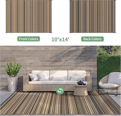 GENIMO Outdoor Rug, Waterproof Plastic Rugs for Patio, 10'x14' Light Brown | Outside Larger Modern Carpet Mat for Patio Decor, RV, Porch, Camper, Deck, Picnic, Beach, Backyard, Reversible, Foldable