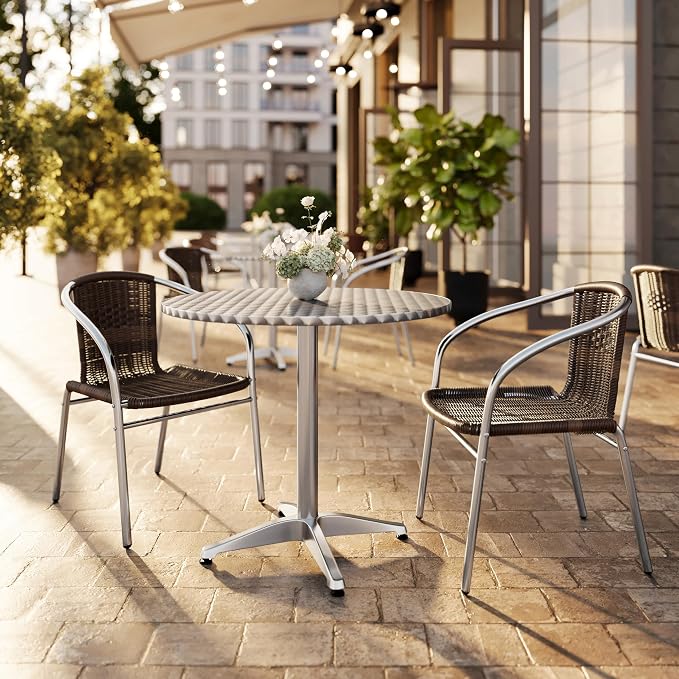 Flash Furniture Lila 31.5'' Round Aluminum Indoor-Outdoor Table Set with 2 Dark Brown Rattan Chairs | Aluminum Tabletop, Indoor/Outdoor