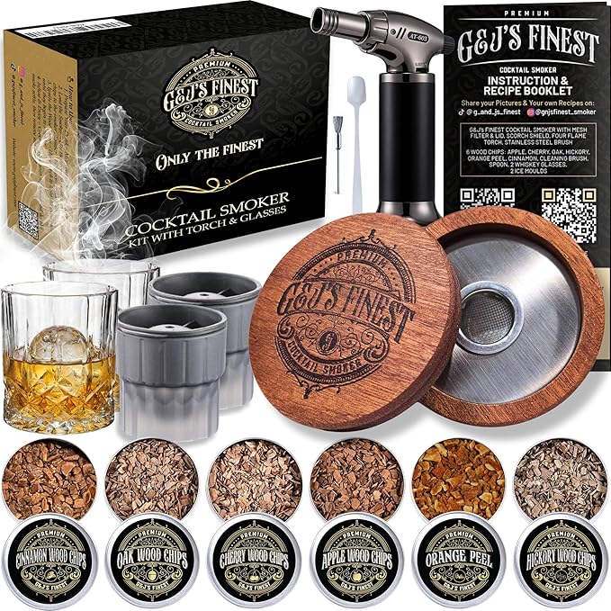 G&J's Finest Whiskey Smoker Kit with 3-Flame Torch, 2 Glasses, 2 Ice Molds & 6 Wood Chip Flavors – Smoked Bourbon|Old Fashioneds Drink Cocktails at Home, Butane Not Included (No Butane Incl.)
