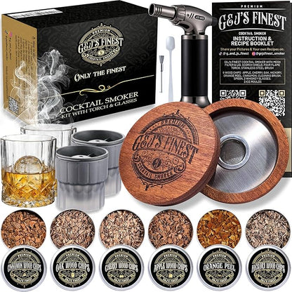 G&J's Finest Whiskey Smoker Kit with 3-Flame Torch, 2 Glasses, 2 Ice Molds & 6 Wood Chip Flavors – Smoked Bourbon|Old Fashioneds Drink Cocktails at Home, Butane Not Included (No Butane Incl.)
