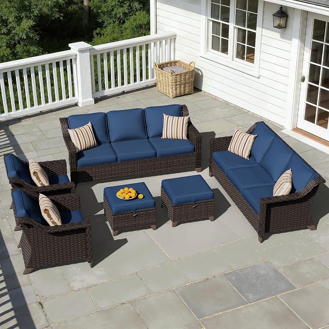 6 Pieces Patio Conversation Furniture Set - 2 Sofas, 2 Armchairs, 2 Ottomans, Outdoor Wicker Furniture with Removable Cushions for Porch, Balcony, Sunroom (Blue)