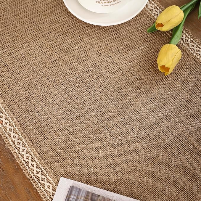 Khaki Table Runner 13 x 120 inch Long Natural Jute Braided Table Runner with Beige Lacework for Spring Summer Parties BBQ's Everyday Holidays Rustic Vintage Dining Farmhouse Table Runner