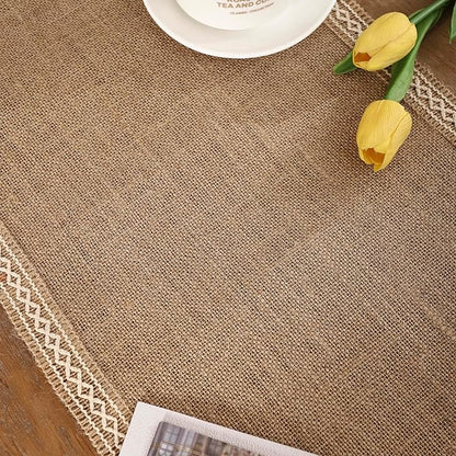 Khaki Table Runner 13 x 120 inch Long Natural Jute Braided Table Runner with Beige Lacework for Spring Summer Parties BBQ's Everyday Holidays Rustic Vintage Dining Farmhouse Table Runner
