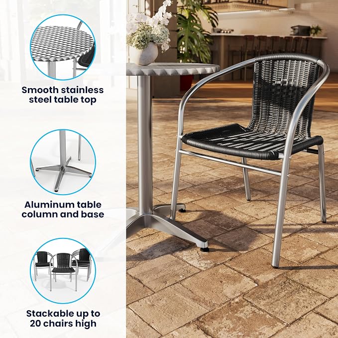 Flash Furniture Lila 23.5'' Round Aluminum Indoor-Outdoor Table Set with 4 Black Rattan Chairs | Indoor/Outdoor Use, Black Rattan Chairs
