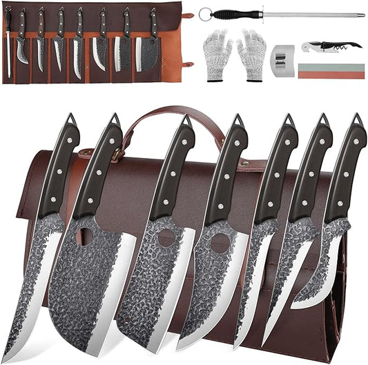 ROCOCO 13PCS Butcher Cleaver Knife Set for Meat Cutting Serbian Chef Viking Boning Knife with Roll Bag for Kitchen Outdoor BBQ Camping Birthday Christmas Father Mother Gift Idea Men