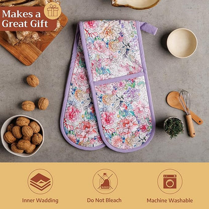 Maison d' Hermine Double Oven Mitts 100% Cotton 7"x35" Double Oven Mitt Heat Resistant BBQ Cooking Gloves with Loop Baking Grilling Kitchen Hotel Home Farmhouse Spring Summer (Floral Love)
