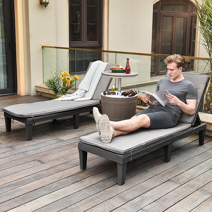 YITAHOME Chaise Lounge Chairs for Outside with Cushion & Adjustable Backrest, Sturdy Loungers for Patio Poolside, Easy Assembly & Waterproof & Lightweight with 265lbs Weight Capacity, Set of 2, Black