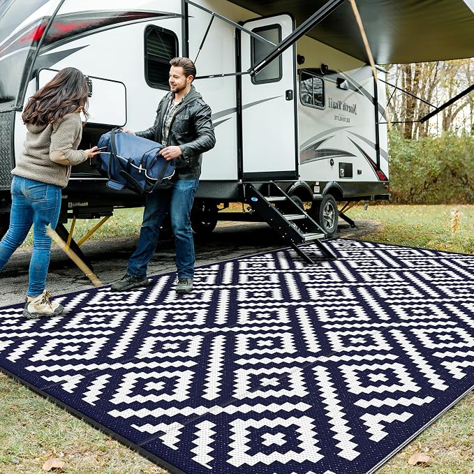 GENIMO Outdoor Rug, Waterproof Plastic Rugs 10'x14' for Camping Blue White | Outside Larger Modern Carpet Mat for Patio Decor, RV, Porch, Camper, Deck, Picnic, Beach, Backyard, Reversible, Foldable
