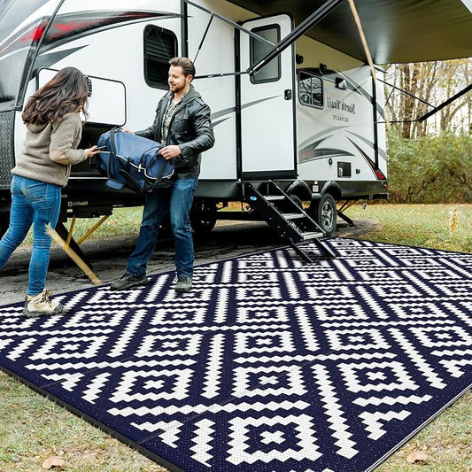 GENIMO Outdoor Rug, Waterproof Plastic Rugs 10'x14' for Camping Blue White | Outside Larger Modern Carpet Mat for Patio Decor, RV, Porch, Camper, Deck, Picnic, Beach, Backyard, Reversible, Foldable