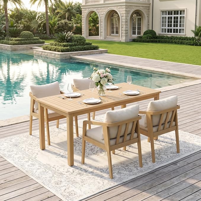 FansaFurn 5 Pieces Acacia Outdoor Patio Table and Chairs Set for All-Weather, Outside Furniture with Table Umbrella Hole and Removable Cushion for 4, Outdoor Furniture Set for Garden, Patio, Beige