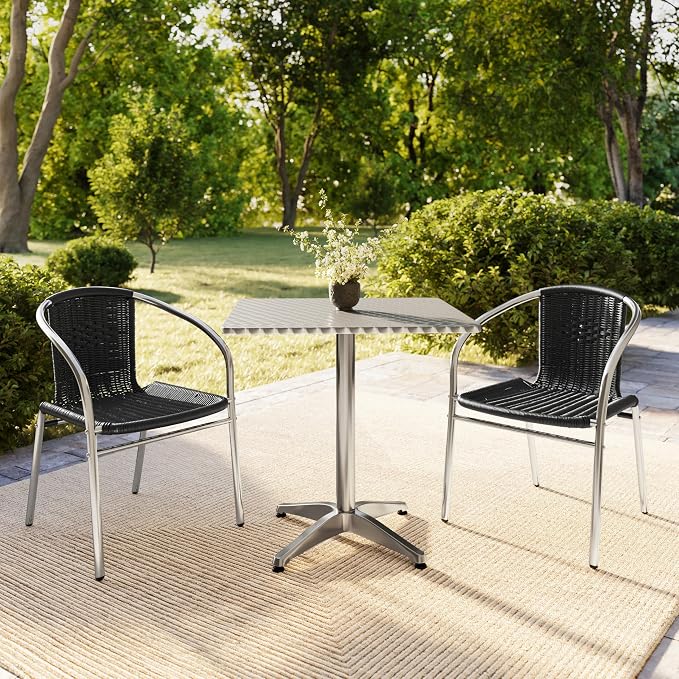 Flash Furniture 27.5'' Square Aluminum Indoor-Outdoor Table Set with 2 Black Rattan Chairs | Indoor/Outdoor Use, Black Rattan Chairs