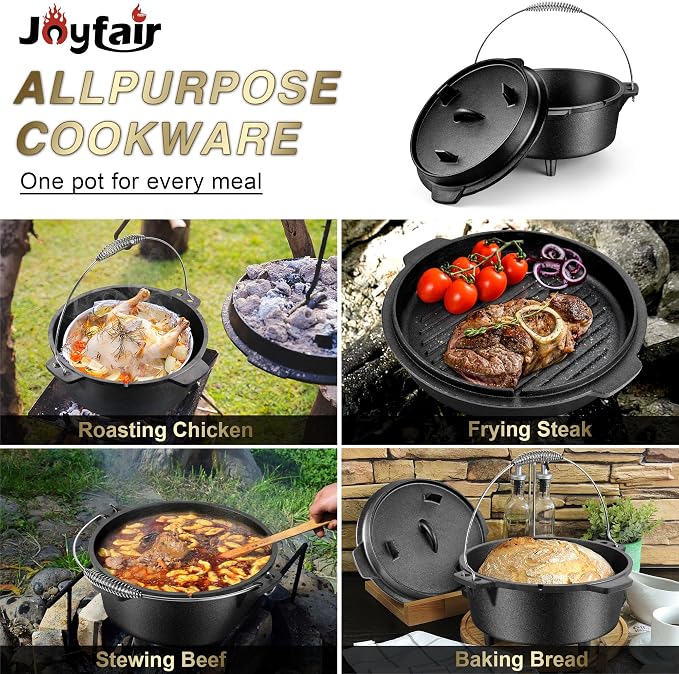 Joyfair Pre-seasoned Cast Iron Camp Dutch Oven, 7.6QT Pot & 2QT Skillet Lid | Open Fire Camping Cookware Set For Outdoor Campfire Cooking - Stewing Chicken,Baking Sourdough Bread, Plus Cleaner, Oven Safe