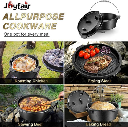 Joyfair Pre-seasoned Cast Iron Camp Dutch Oven, 7.6QT Pot & 2QT Skillet Lid | Open Fire Camping Cookware Set For Outdoor Campfire Cooking - Stewing Chicken,Baking Sourdough Bread, Plus Cleaner, Oven Safe