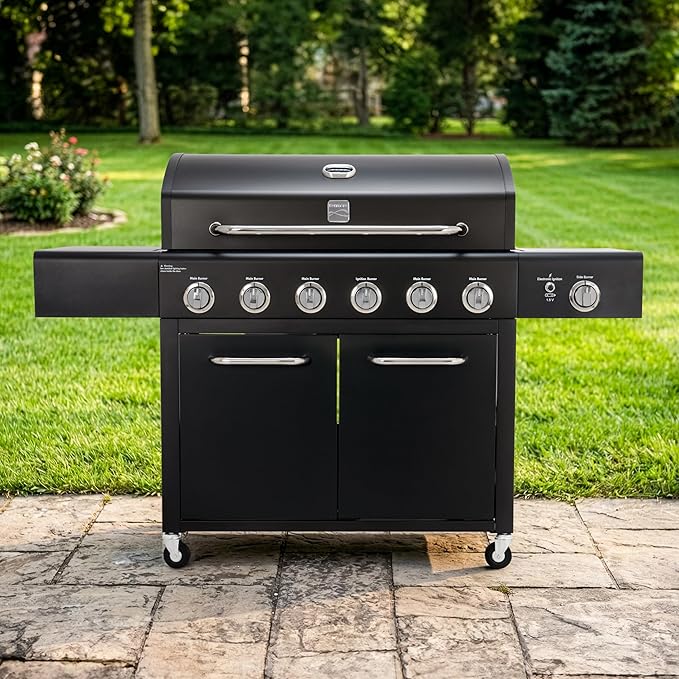 Kenmore 6-Burner Propane Gas Grill with Side Burner, 73,000 BTU Total Cooking Power, 819 Sq. In. Cooking Space, Cast Iron Grates, Warming Rack, Built-In Thermometer, For Outdoor BBQs Events, Black
