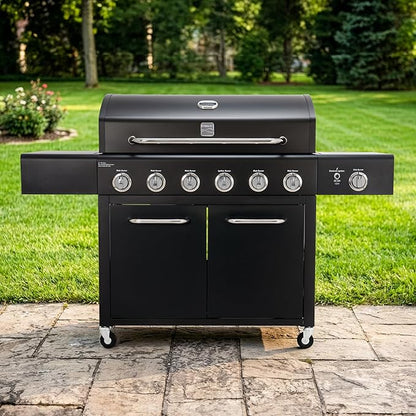 Kenmore 6-Burner Propane Gas Grill with Side Burner, 73,000 BTU Total Cooking Power, 819 Sq. In. Cooking Space, Cast Iron Grates, Warming Rack, Built-In Thermometer, For Outdoor BBQs Events, Black