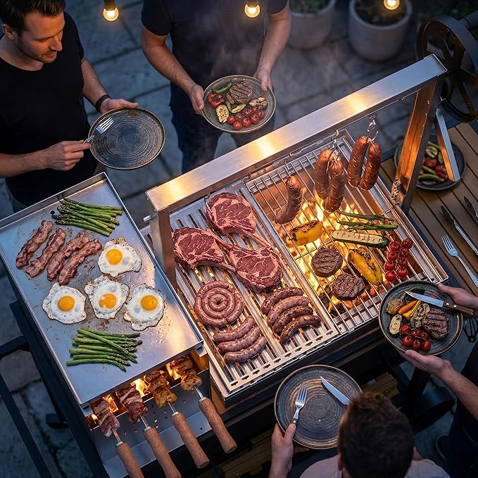 Brand-Man Santa Maria Grill Argentine with Brasero, Wood & Charcoal Parrilla Grilling Station BBQ, Height Adjustable V-Grate & Griddle, Authentic Asado Grill Cooking with Fire Brick, Skewers & S-Hooks