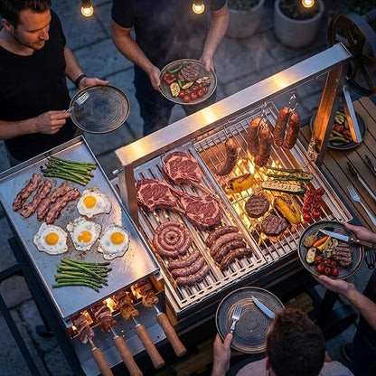 Brand-Man Santa Maria Grill Argentine with Brasero, Wood & Charcoal Parrilla Grilling Station BBQ, Height Adjustable V-Grate & Griddle, Authentic Asado Grill Cooking with Fire Brick, Skewers & S-Hooks