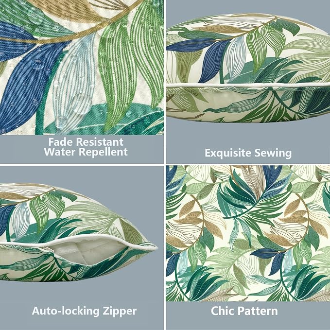 LVTXIII 2 Pack Outdoor Lumbar Pillow Covers 12x20 Inch with Piping, Water-Repellent Back Cushion Covers ONLY for Patio Furniture, Sofa, Garden Bench, Lush Leaf Green