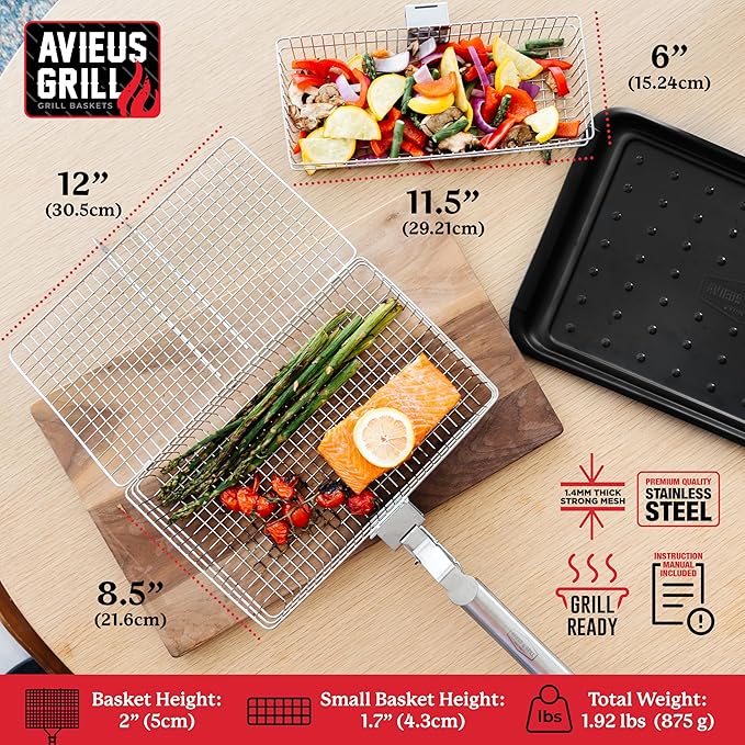 AVIEUS GRILL Grill Baskets for Outdoor Grill | 2 Grilling Baskets with Detachable Handle | Barbecue Grill Set with BBQ Gloves | Portable Camping Net Rack Perfect for Vegetables, Seafood & Meat