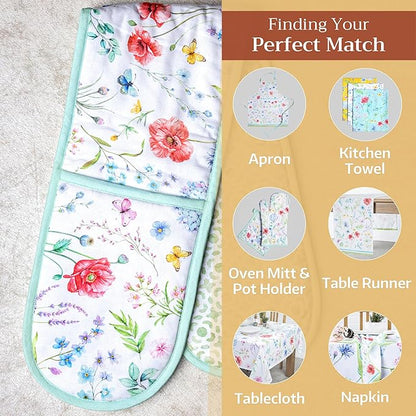 Maison d' Hermine Double Oven Mitts 100% Cotton 7"x35" Double Oven Mitt Heat Resistant BBQ Cooking Gloves with Loop Baking Grilling Kitchen Hotel Home Farmhouse Spring Summer (Just Floral)