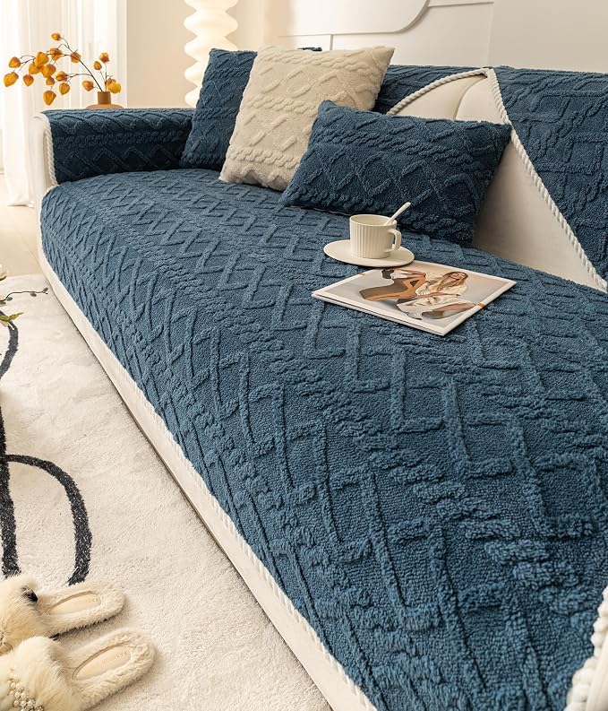 vctops Geometric Jacquard Plush Sofa Couch Covers Farmhouse Neutral Non Slip Sectional Couch Cover Soft Warm Sofa Slipcover for Dogs, Children, Pets Furniture Protector (Dark Blue,43"x82")