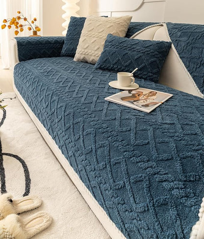 vctops Geometric Jacquard Plush Sofa Couch Covers Farmhouse Neutral Non Slip Sectional Couch Cover Soft Warm Sofa Slipcover for Dogs, Children, Pets Furniture Protector (Dark Blue,43"x82")