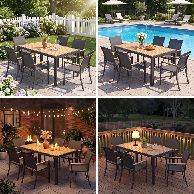 FansaFurn 7-Pieces Aluminum Patio Table and Chairs Set for All-Weather | Patio Furniture Set with Heavy Duty HDPS Rectangular Table, Outdoor Furniture with Quick-Dry Breathable Chairs for Patio