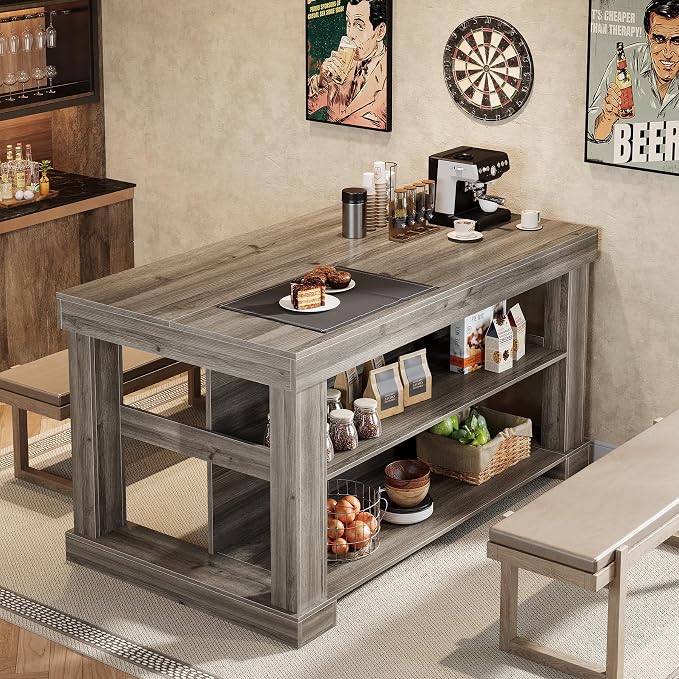 Tribesigns 55" Kitchen Island with Seating and Storage, 3-Tier, Farmhouse | Wood Stationary Island Table with Large Worktop & Legroom, Heavy Duty, Coffee Bar Table with Storage Shelf for Kitchen, Grey