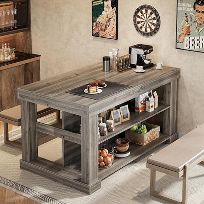 Tribesigns 55" Kitchen Island with Seating and Storage, 3-Tier, Farmhouse | Wood Stationary Island Table with Large Worktop & Legroom, Heavy Duty, Coffee Bar Table with Storage Shelf for Kitchen, Grey