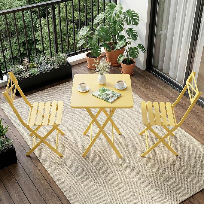 Garvee 3PCS Bistro Set, Folding Patio Furniture Set w/ 2 Chairs,Solid Steel | Foldable space-saving bistro set, fully pre-assembled for instant use. Powder-coated weatherproof steel frame. Easy-clean