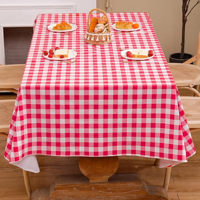 Heavy Duty Vinyl Tablecloth with Flannel Backing Waterproof Oil-Proof Plastic Table Cloth Stain-Resistant Wipeable Rectangle or Square Table Cover for Indoor and Outdoor (Red Checkered, 60x102 Inch)