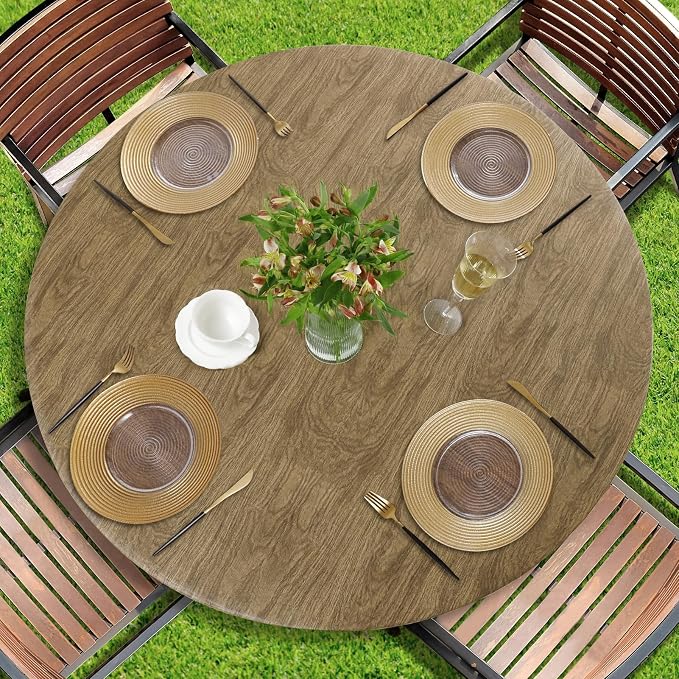 Romanstile Round Fitted Vinyl Tablecloth with Elastic Edge 100% Waterproof | Table Covers for 57"- 68" Tables, Wipeable Flannel Backed Plastic Table Cloths for Dinner Picnic Camping Outdoor, DarkWood