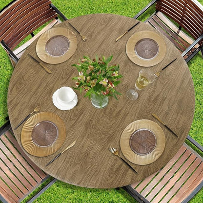 Romanstile Round Fitted Vinyl Tablecloth with Elastic Edge 100% Waterproof | Table Covers for 45"- 56" Tables, Wipeable Flannel Backed Plastic Table Cloths for Dinner Picnic Camping Outdoor, DarkWood