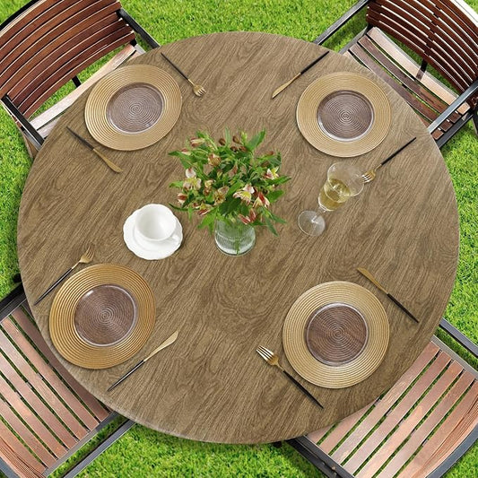 Romanstile Round Fitted Vinyl Tablecloth with Elastic Edge 100% Waterproof | Table Covers for 45"- 56" Tables, Wipeable Flannel Backed Plastic Table Cloths for Dinner Picnic Camping Outdoor, DarkWood