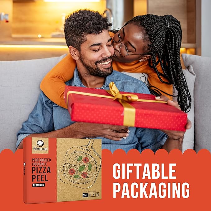 Chef Pomodoro Perforated Aluminum Pizza Peel 12x14 in Foldable Wood Handle | Metal Pizza Peel with Holes for Easy Release, Folds Flat for Storage, Great for Homemade Pizza & Artisan Bread