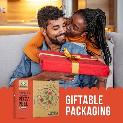 Chef Pomodoro Perforated Aluminum Pizza Peel 12x14 in Foldable Wood Handle | Metal Pizza Peel with Holes for Easy Release, Folds Flat for Storage, Great for Homemade Pizza & Artisan Bread