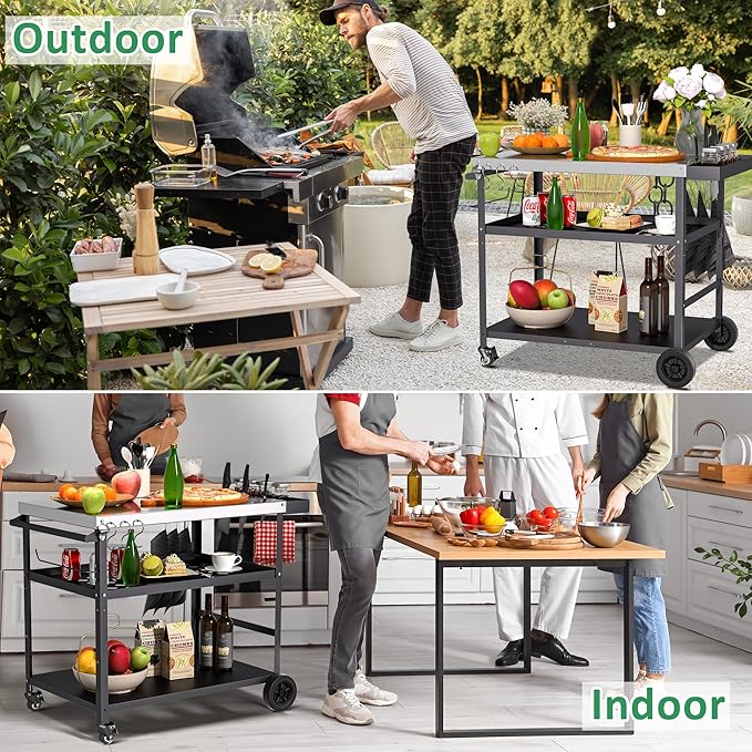 Spurgehom Outdoor Grill Cart, Pizza Oven Stand Table with Wheels Dining Cart for Outside Patio, Movable Kitchen Cooking Prep Table BBQ Cart with Mesh Racks for Home Party, Bar, Camping