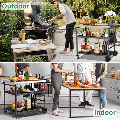 Spurgehom Outdoor Grill Cart, Pizza Oven Stand Table with Wheels Dining Cart for Outside Patio, Movable Kitchen Cooking Prep Table BBQ Cart with Mesh Racks for Home Party, Bar, Camping