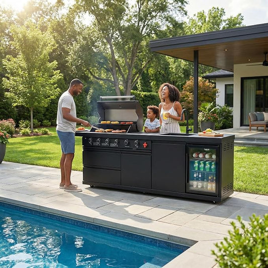 Outdoor BBQ Island, BBQ Island Outdoor Kitchen, 46" 4-Burner 72,000 BTU Outdoor Kitchen Island with Grill, Grill Tools, Grill Cover, Sink, Fridge, Rotisserie, Locking Casters, Propane/NG (Black)