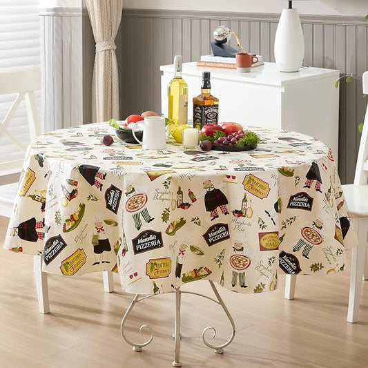 Newbridge 70 Inch Round Vinyl Tablecloth with Flannel Backing, Italian Bistro Chef, Novelty Chef Indoor Outdoor Waterproof Table Cover for Picnic, Barbecue, Patio and Kitchen Dining, Ivory