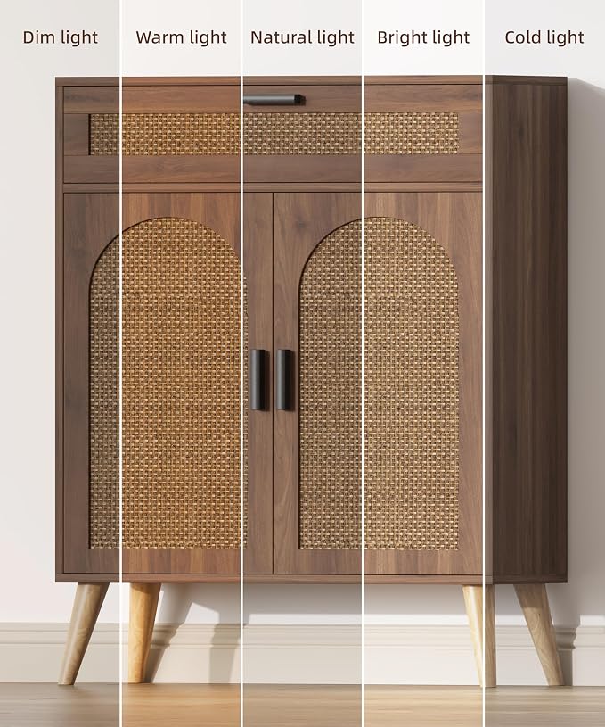 Keehusux Rattan Storage Cabinet with Drawer and 2 Doors, Walnut | Accent Sideboard Buffet Cabinet with Adjustable Shelf & Solid Wood Feets, Coffee Bar for Kitchen, Living Room, Entryway