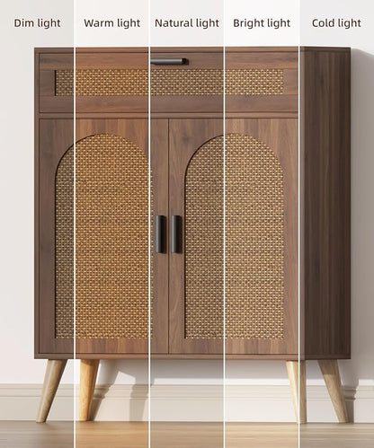 Keehusux Rattan Storage Cabinet with Drawer and 2 Doors, Walnut | Accent Sideboard Buffet Cabinet with Adjustable Shelf & Solid Wood Feets, Coffee Bar for Kitchen, Living Room, Entryway